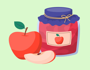 Cartoon Color Whole and Cut Apple and Jam in Glass Concept Jar Flat Design Style. Vector illustration