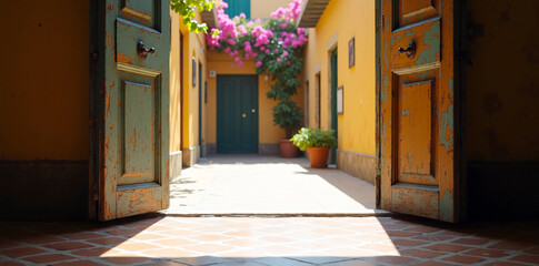 An old, paint-chipped wooden door in Granada is slightly ajar, revealing a sun-drenched interior patio. Bougainvillea spills from a balcony above.
