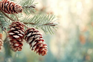 The beauty of nature shines as pine cones are covered in snow on branches. This tranquil setting captures the peaceful essence of winter in a serene forest - Powered by Adobe