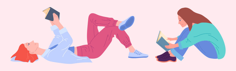 Cartoon Color Characters People Readers with Books in Different Positions Set Concept Flat Design Style. Vector illustration