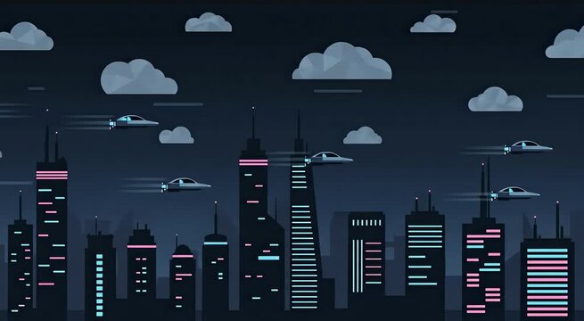 Animated Futuristic Cityscape at Night with Flying Cars.
