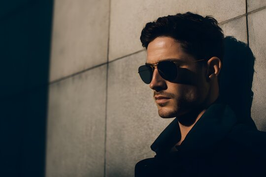 Stylish man with aviator sunglasses and dark hair poses against a wall