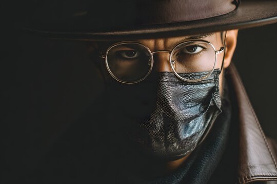 Close up portrait of stylish man wearing round glasses and face mask