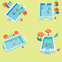 Minimalist Summer Poolside Illustration with Inflatable Rings and Sunshade Umbrellas