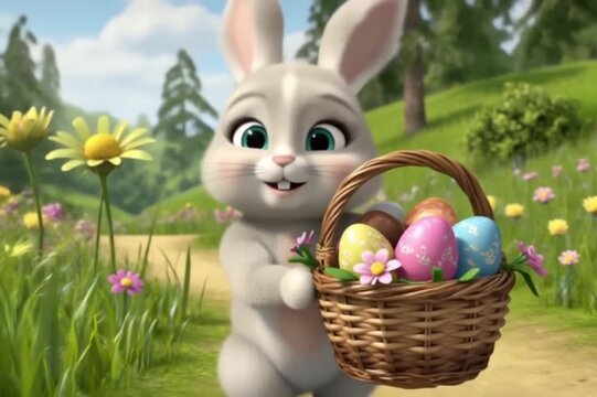 a cartoon Easter bunny carries a basket of eggs