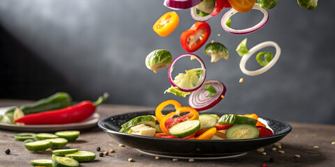 Colorful vegetables falling into a black bowl on a wooden table, creating a vibrant and healthy culinary scene with fresh ingredients and dynamic motion