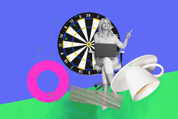Surreal collage of confident person hitting business goals with paper planes dartboard startup...