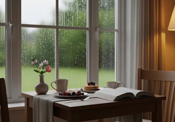 Breakfast table setting with pancakes, berries, book and flowers on a rainy day near the window