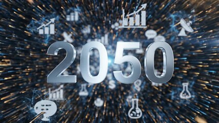 The word SINGULARITY emerges from hyperspace tunnel of flying technology icons. It then transitions into the year 2050, representing a future technological event or prediction.