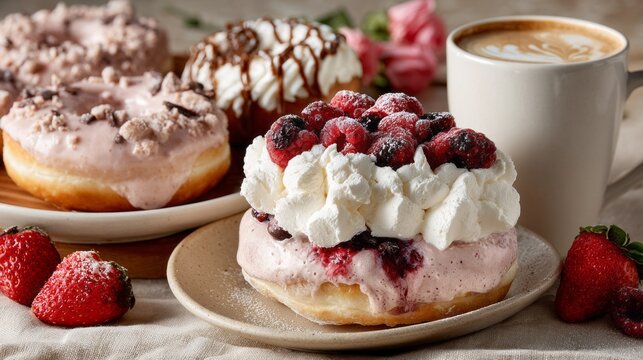 Morning light fills the cozy cafe as a joyful breakfast scene unfolds. A plate of colorful pastries, topped with berries and cream, pairs perfectly with a steaming cup of coffee