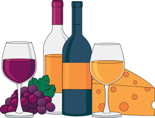 red wine bottle with glass cheese and grapes