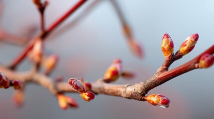 Close-up shot reveals fresh spring buds on delicate tree branches, showcasing vibrant colors against a softly blurred background, capturing the essence of renewal and life