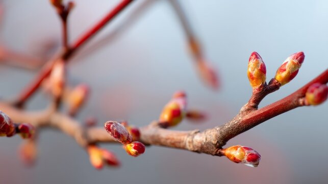 Close-up shot reveals fresh spring buds on delicate tree branches, showcasing vibrant colors against a softly blurred background, capturing the essence of renewal and life