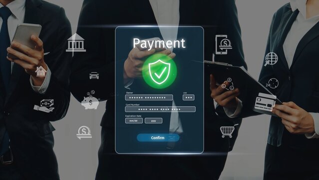 Professionals interact with a secure online payment interface using mobile devices, showcasing modern technology in a business environment focused on secure transactions. Raster