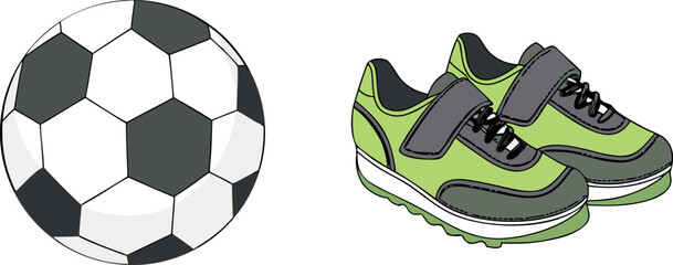 New pair of soccer cleats and football isolated on white background