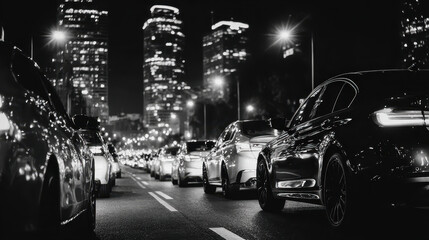 City street traffic jam at night multiple cars lined up on road with bright illuminated skyscrapers and streetlights in background urban metropolitan area scene black and white