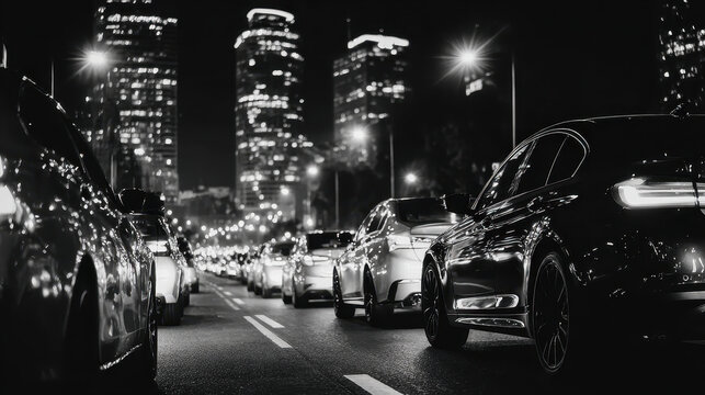 City street traffic jam at night multiple cars lined up on road with bright illuminated skyscrapers and streetlights in background urban metropolitan area scene black and white
