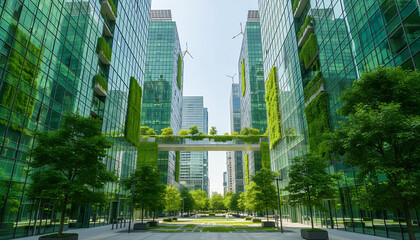 View of modern green buildings with skybridge and trees in a sustainable urban environment design concept