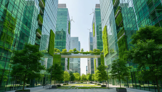 View of modern green buildings with skybridge and trees in a sustainable urban environment design concept