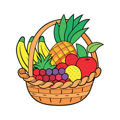 Basket of fresh tropical fruit including pineapple, apple, orange, banana, and grapes, isolated on white for a healthy vegetarian diet