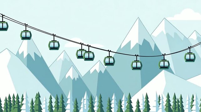 Animated Gondola Lift Moving Across Snowy Mountain Landscape.