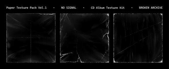 Paper Album cover cd or vinyl with worn edges and damage - scratches, torn, grainy outline in polyethylene packaging. Square cover for album cover - CD, vinyl with polyethylene packaging. Vector set
