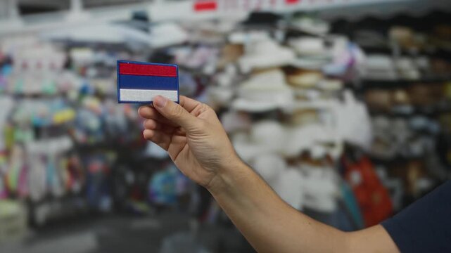 Man holding embroidered russian flag patch against market background, showcasing street vendor atmosphere.