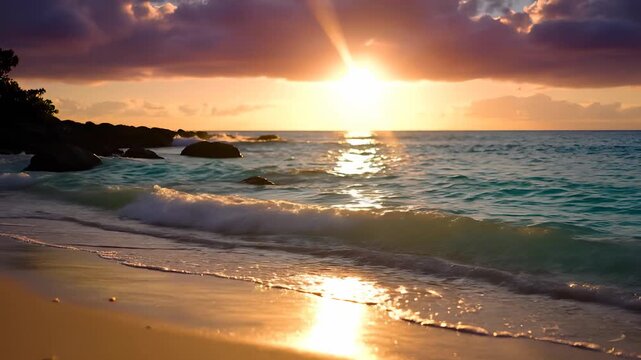 The sun sets over a tranquil beach, casting golden reflections on the gentle waves. This beach scene features rocks and shimmering water, creating a peaceful atmosphere at dusk.