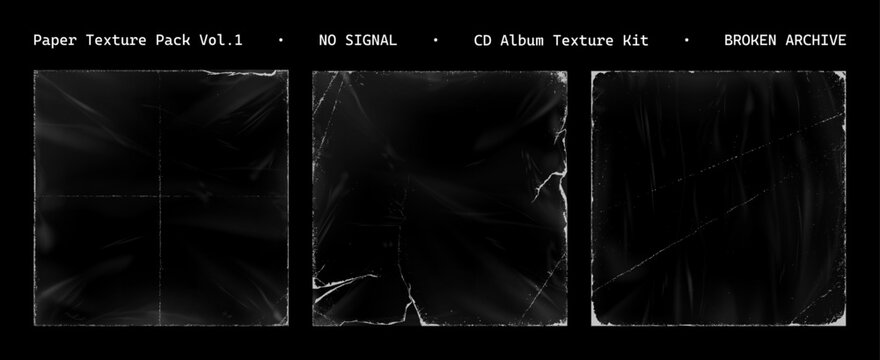 Paper Album cover cd or vinyl with worn edges and damage - scratches, torn, grainy outline in polyethylene packaging. Square cover for album cover - CD, vinyl with polyethylene packaging. Vector set - Powered by Adobe