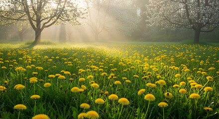 Sunbeams illuminate dandelions on a green lawn in a spring garden. Scenic image of charming garden in spring time. Flowering orchard in the morning. Fantastic photo wallpaper. Beauty of earth.