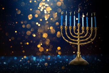 Blue candle menorah with golden bokeh lights