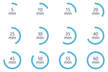Minute Timer, clock, stopwatch, Countdown timer, cooking time icon set. 0, 5, 10, 15, 20, 25, 30, 35, 40, 45, 50, 55, 60 min and 1 hour Timer, clock, stopwatch isolated set icons, symbols, label.