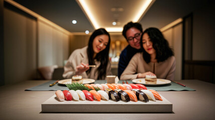 Friends enjoying sushi dinner together at a stylish table