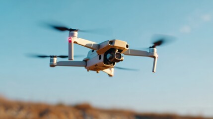A close-up view of a drone in flight against a clear blue sky, showcasing its sleek design and advanced technology.
