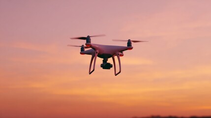 A sleek drone hovers in the sky during a vibrant sunset, showcasing its advanced technology and design.