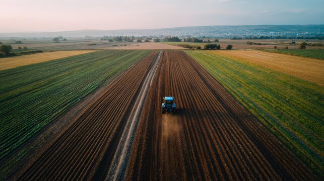 Aerial view of a blue tractor working on a vast agricultural field at sunset, showcasing rows of fertile soil and a colorful landscape.