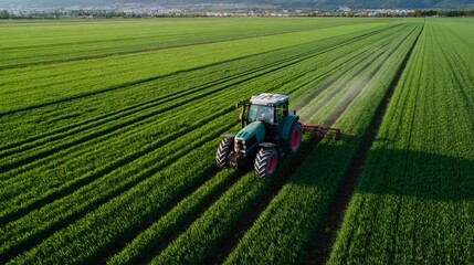 Aerial view of a green tractor plowing a lush, vibrant field, highlighting agricultural productivity and rural life.