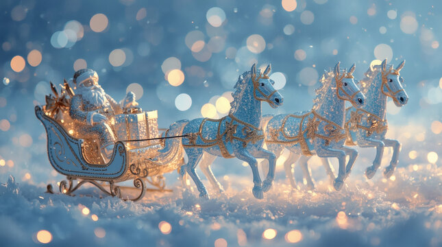 Symbol of the year. Horses pulling a sleigh with Santa Claus. A luxurious poster or banner for a party and New Year's Eve. Happy New Year 2026.