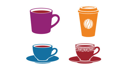 Four colorful cups of coffee and tea presented in a simple illustration