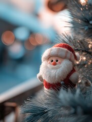 Cute Santa ornament hanging on a Christmas tree with soft holiday lights in the background.