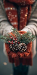 Gloved hands holding pinecones, red berries, and pine sprigs in a cozy winter setting.