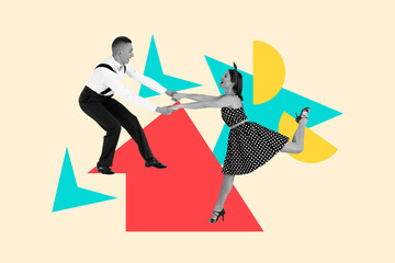 Trend composite sketch template 3D photo collage of way route point graphics couple young gentleman hand hold lady pinup style dance