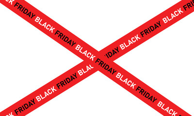 Black Friday red ribbon cross design with repeated text on white background, modern minimal sale banner for discount, promotion, and marketing advertisements
