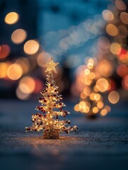 Miniature lit Christmas tree with a golden star and bokeh lights in the evening background.