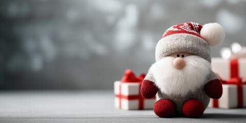 Plush Santa toy with gift boxes on a soft surface in a cozy holiday setting.