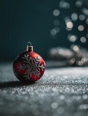 Red Christmas ornament with silver snowflake on a glittery surface against a dark, bokeh-lit background.