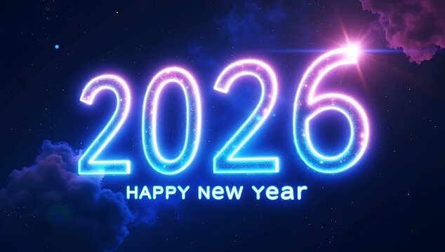 Vibrant 2026 Happy New Year text with neon lights and space clouds