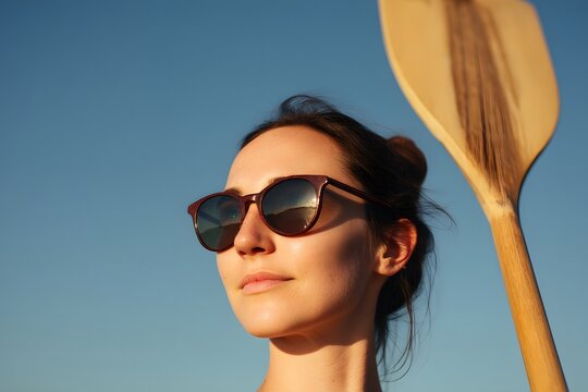Woman with sunglasses holding paddle looks into the distance on a bright day
