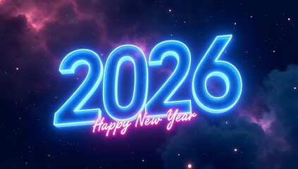 Happy New Year 2026 Neon Light Illustration with Clouds