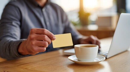 A man with brown skin holding a yellow credit card next to a cup of coffee and a laptop, conveying a sense of productivity and focus.